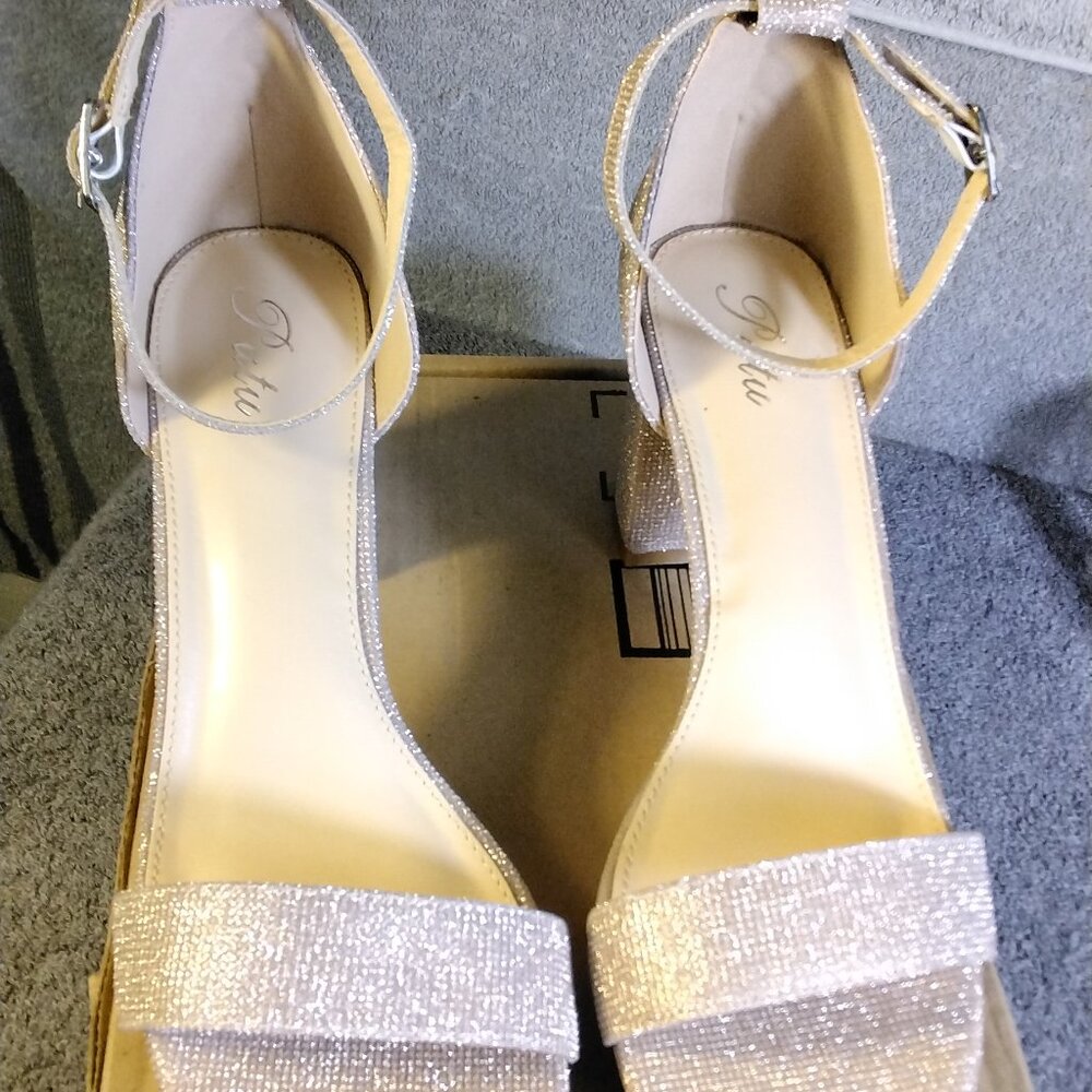 Putu Womens Block Heel Sandals Size 11 Champagne Glitter Ankle Strap Open Toe